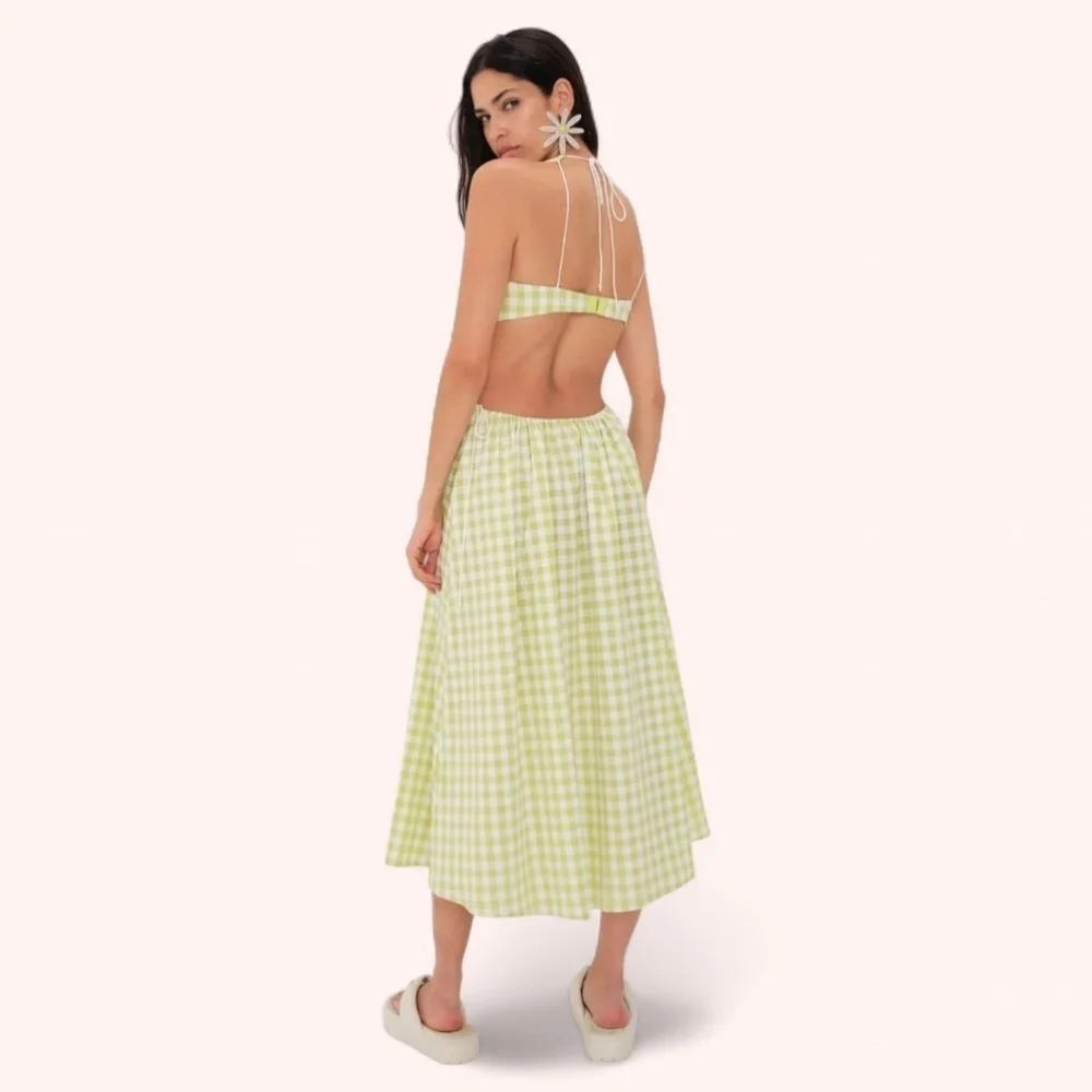 For Love & Lemons Green Gingham Halter Cut Out Maureen Midi Dress NWY Size L